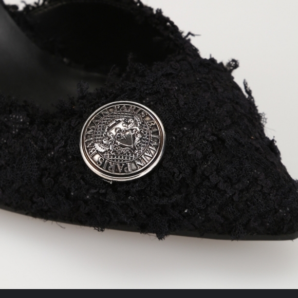 Balmain 39 Jolie Tweed Medallion Ballet Flats black textured designer w logo - Picture 3 of 4